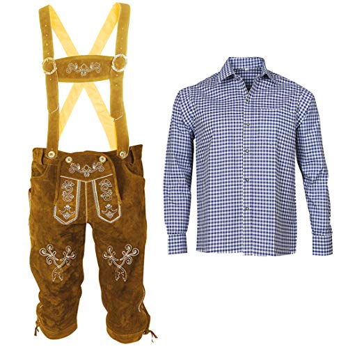 Herren Trachten Set Lederhose mit Trägern + Trachten Hemd Bayerische Oktoberfest (Hose + Hemd) BLB02 (Lederhose 50 + Hemd L) von ALL THE GOOD