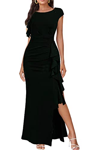 Damen Rundhals Split Bodycon Meerjungfrau Abend Cocktail Langes Kleid, 801B-1-2-Schwarz, Klein von ALLANDWELL