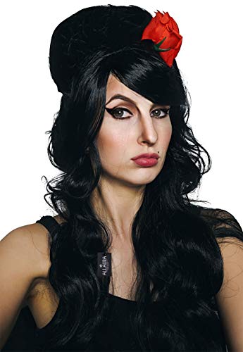 ALLAURA Amy Schwarze Bienenstock-Perücke mit roter Blume – langes lockiges 90er-Jahre-Kostüm für Damen und Mädchen – kompatibel mit Amy Winehouse Vampir-Look von ALLAURA