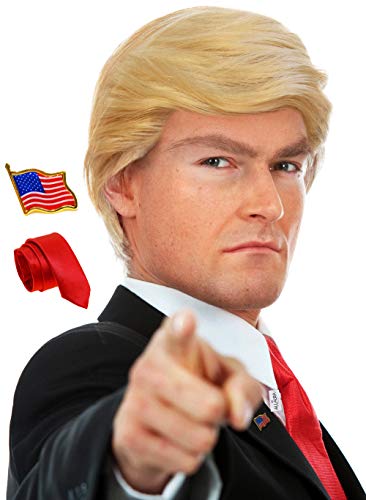 ALLAURA Donald Trump Perücke, 3 Stück, inkl. Anstecknadel und rotem Krawatten-Kostüm für Erwachsene und Kinder von ALLAURA