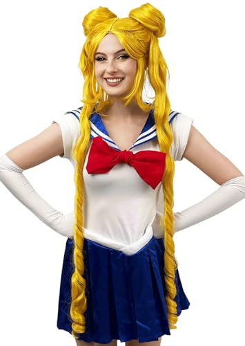 ALLAURA SailorMoon Perücke für Tsukino Usagi Perücke Cosplay Gelb Blonde Perücke mit 2 Pferdeschwanz Peluca Dorada Anime Cosplay Perücke für Frauen Mädchen Süße Lange Gewellte Perücke für Halloween von ALLAURA