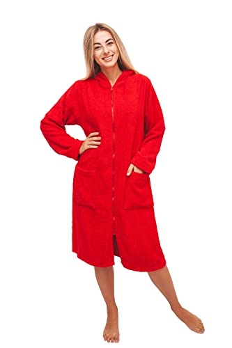 ALLEN & MATE Damen-Bademantel aus 100% Baumwollfrottee, Badetuch für Damen mit Reißverschluss, Damen-Bademäntel mit Kapuze (L, Rot) von ALLEN & MATE
