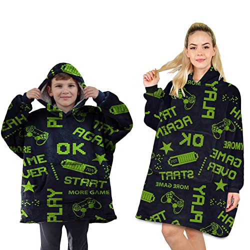 ALLEN & MATE Hoodie Decke für Kinder Erwachsene, übergroße Decke Hoodie, Warmer Morgenmantel, weicher Fleece Kapuzenmantel, Geschenke für Jungen Mädchen Teenager Erwachsene (Schwarz Gaming) von ALLEN & MATE