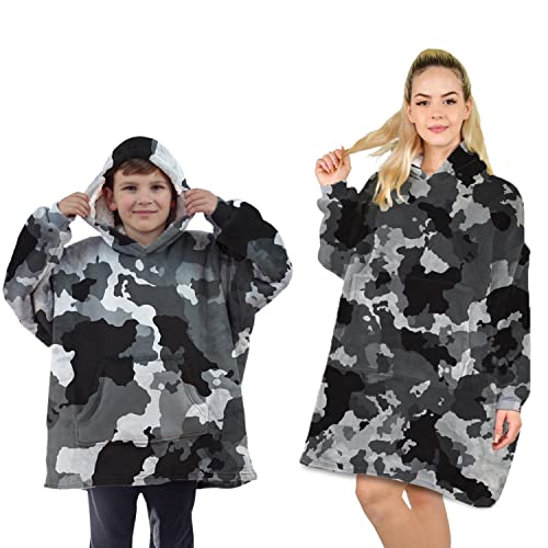 ALLEN & MATE Hoodie-Decke für Kinder und Erwachsene, übergroßer Decken-Hoodie, warmer Morgenmantel, weicher Fleece-Bademantel mit Kapuze, Geschenke, Mädchen, Teenager, Erwachsene (graues Camo) von ALLEN & MATE