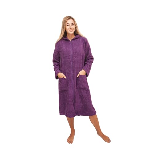 ALLEN & MATE 100% BAUMWOLLE Unisex-Bademantel mit Kapuze für Erwachsene – Komfort-Badetuch mit Reißverschluss – Ideal für Männer und Frauen (M, Lila) von ALLEN & MATE