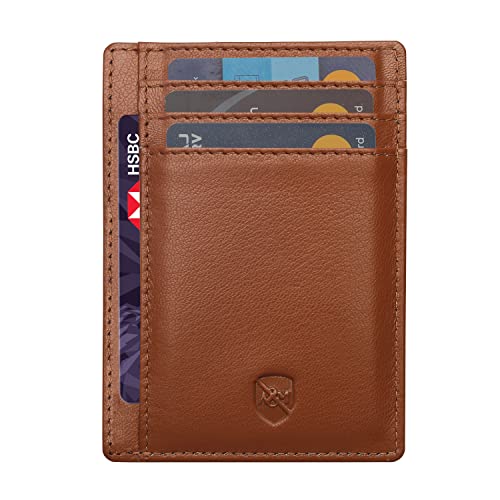 ALLEN & MATE Oyster Kartenhalter aus Leder mit RFID-Blockierung – für bis zu 10 Karten und Banknoten – ideal für Reisen, R. Tan mit Reißverschluss Edition, minimalistisch von ALLEN & MATE