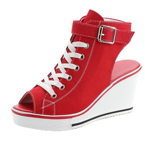 ALLINNINE Damen-Sneaker-Schuhe mit hohem Absatz, modische Canvas-Schuhe, hoher Schlauch, Schnürung, Keilkante, Reißverschluss, schräg abgewinkelt, Größe 37-45, Peep-Toe, Rot, 34 EU ALLINNINE Damen-Sneaker-Schuhe mit hohem Absatz, modische Canvas-Schuhe, hoher Schlauch, Schnürung, Keilkante, Reißverschluss, schräg abgewinkelt, Größe 37-45, Peep-Toe, Rot, 34 EU von ALLINNINE