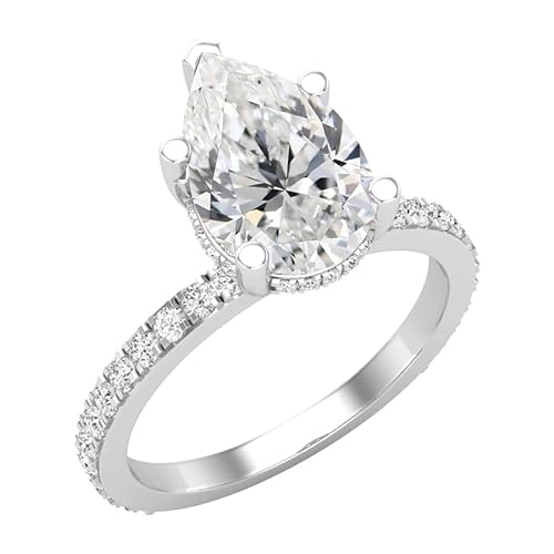 ALLORYA IGI-zertifizierter 2,50 Karat, Birne und runder weißer Diamant, Halo-Ehering für Sie, 925er Sterlingsilber, Größe 8 von ALLORYA