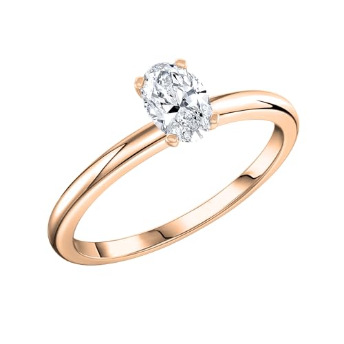 ALLORYA Solitärring für Damen, 14 Karat Gold, oval, im Labor gezüchtet, weißer Diamant, 7.5, Im Labor gezüchteter weißer Diamant 14 Karat Rotgold, Weißer Diamant im Labor von ALLORYA