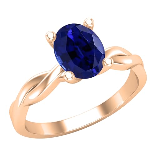 ALLORYA Verlobungsring für Damen, oval, künstlicher blauer Saphir, gedreht, 8 x 6 mm, aus 14 Karat massivem Gold, 7.5, Im Labor hergestellter blauer Saphir Massives 14-karätiges Rotgold, Im Labor von ALLORYA