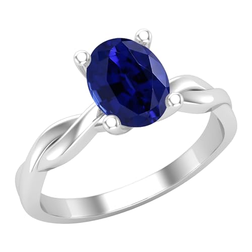 ALLORYA Verlobungsring für Damen, oval, künstlicher blauer Saphir, gedreht, 8 x 6 mm, aus 925er-Sterlingsilber, 7.5, Sterling Silber Im Labor hergestellter blauer Saphir Aus Sterlingsilber, Im Labor von ALLORYA