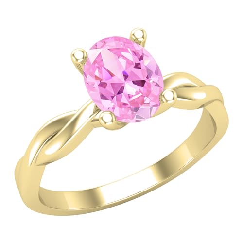 ALLORYA Verlobungsring für Damen, oval, künstlicher rosa Saphir, gedreht, 8 x 6 mm, aus 14 Karat massivem Gold, 5.5, Im Labor hergestellter rosa Saphir 14 Karat massives Gelbgold, Im Labor von ALLORYA