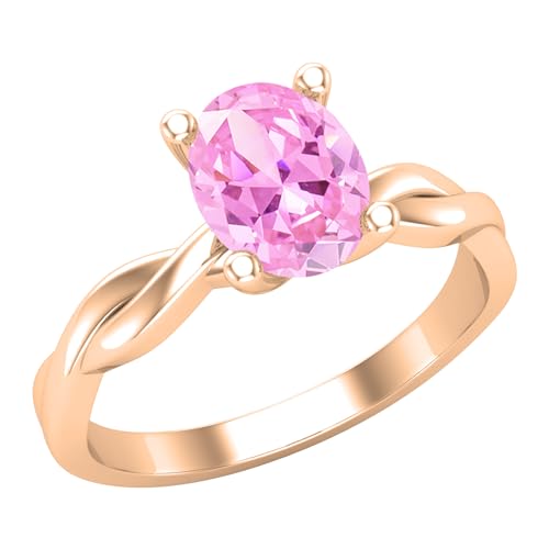 ALLORYA Verlobungsring für Damen, oval, künstlicher rosa Saphir, gedreht, 8 x 6 mm, aus 14 Karat massivem Gold, 7.5, Im Labor hergestellter rosa Saphir Massives 14-karätiges Rotgold, Im Labor von ALLORYA