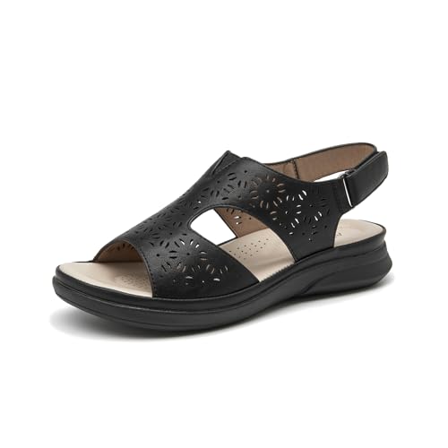 ALLOT Bequeme orthopädische Sandalen für Damen, Keilabsatz, Strand, Spazierengehen, verstellbarer Knöchelriemen, offener Zehenbereich, eleganter Sommerschuh, Schwarz (Black Pu), 38.5 EU von ALLOT