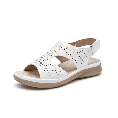 ALLOT Bequeme orthopädische Sandalen für Damen, Keilabsatz, Strand, Spazierengehen, verstellbarer Knöchelriemen, offener Zehenbereich, eleganter Sommerschuh, Weißes Pu, 37.5 EU von ALLOT