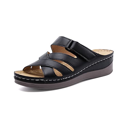 ALLOT Damen Sandalen Pantoletten Hausschuhe Sliders Damen Keilsandalen Plateau Slip On Flats Sommer Open Toe Low Heel Comfy Beach Casual Schuhe, Schwarz (Black Pu), 37 EU von ALLOT