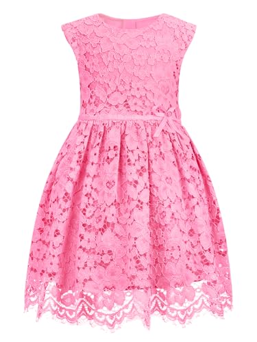 ALLOVIN | Knallpink | 8-9 Jahre | Mädchen Ärmelloses A-Linien Spitzenkleid mit Perlen-Schleife für Hochzeit, Geburtstag, Party & Blumenmädchen von ALLOVIN