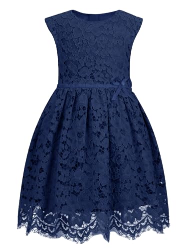 ALLOVIN | Marineblau | 3-4 Jahre | Mädchen Ärmelloses A-Linien Spitzenkleid mit Perlen-Schleife für Hochzeit, Geburtstag, Party & Blumenmädchen von ALLOVIN