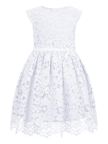 ALLOVIN | Reinweiß | 3-4 Jahre | Mädchen Ärmelloses A-Linien Spitzenkleid mit Perlen-Schleife für Hochzeit, Geburtstag, Party & Blumenmädchen von ALLOVIN