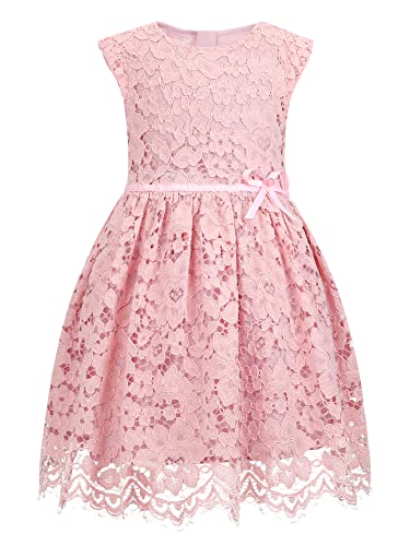 ALLOVIN | Rosa | 6-7 Jahre | Mädchen Ärmelloses A-Linien Spitzenkleid mit Perlen-Schleife für Hochzeit, Geburtstag, Party & Blumenmädchen von ALLOVIN