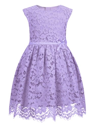 ALLOVIN | Violett | 6-7 Jahre | Mädchen Ärmelloses A-Linien Spitzenkleid mit Perlen-Schleife für Hochzeit, Geburtstag, Party & Blumenmädchen von ALLOVIN