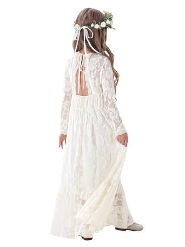 ALLVOIN Mädchen & Kleinkinder Langärmeliges Spitzenkleid – Maxi Boho A-Linien Kleid für Hochzeit Taufe & Feier | Elfenbein | 8-9 Jahre von ALLOVIN