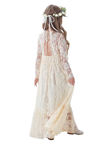 ALLVOIN Mädchen & Kleinkinder Langärmeliges Spitzenkleid – Maxi Boho A-Linien Kleid für Hochzeit Taufe & Feier | Hellgelb | 8-9 Jahre von ALLOVIN