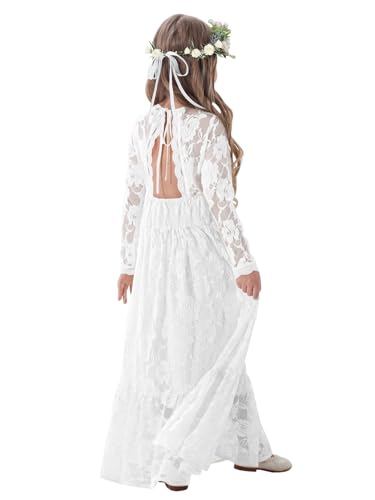 ALLVOIN Mädchen & Kleinkinder Langärmeliges Spitzenkleid – Maxi Boho A-Linien Kleid für Hochzeit Taufe & Feier | Weiß | 6-7 Jahre von ALLOVIN
