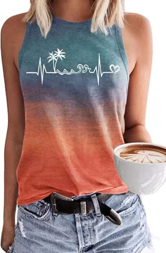 Strand Herzschlag Tank Tops für Frauen Sommer Ärmellos Liebe Grafik Druck T-Shirt Bootfahren Geschenke Urlaub Muskel Shirt, sunset red, Klein von ALLTB