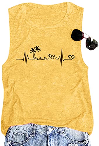 Strand-Tanktop für Damen, Sommer, Strand, ärmellos, Hawaii-Grafik, Muskel-Tanktop, lustig, Familienurlaub, T-Shirt, gelb, Mittel von ALLTB
