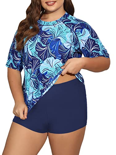 ALLTOKE Damen Zweiteiliger Übergröße Rashguard Kurzarm Badeshirt mit Unterteil UPF 50 Loose Fit Badeanzug, Blaues Blatt + marineblaue Hose 1, 4x von ALLTOKE