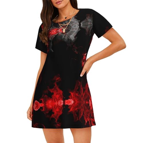 ALLiYa Abstraktes Damen-Nachthemd mit kurzen Ärmeln, für den Sommer, Familie, Freizeitkleidung, Heimkleidung, Schwarz , XXL von Alliya