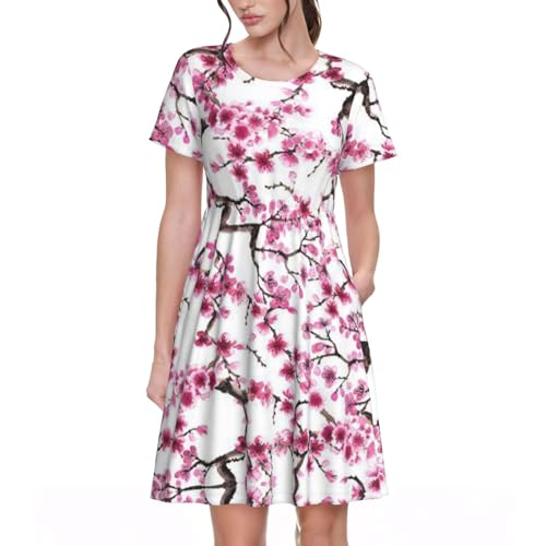 ALLiYa Cherry Blossom Damen Kurzarm Kleid Sommer Mode Büro Alltag Arbeit Essentials Perfekt mit, Schwarz , S von Alliya