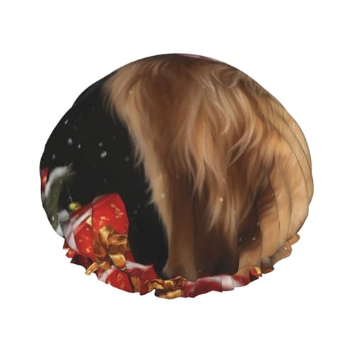 Christmas Golden Retriever Doppelschichtige Duschhaube für Frauen, wiederverwendbar, geeignet zum Baden und Spa von ALLiYa