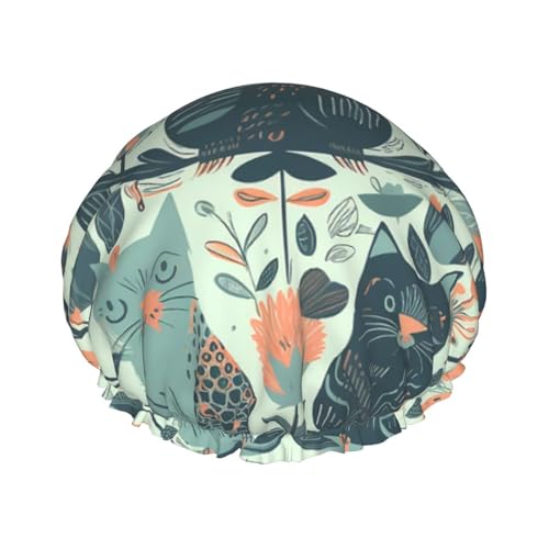 Lustige Katzen-Duschhaube mit Vögeln und Blumen, doppellagig, für Frauen, wiederverwendbar, geeignet zum Baden und Spa Lustige Katzen-Duschhaube mit Vögeln und Blumen, doppellagig, für Frauen, wiederverwendbar, geeignet zum Baden und Spa von ALLiYa