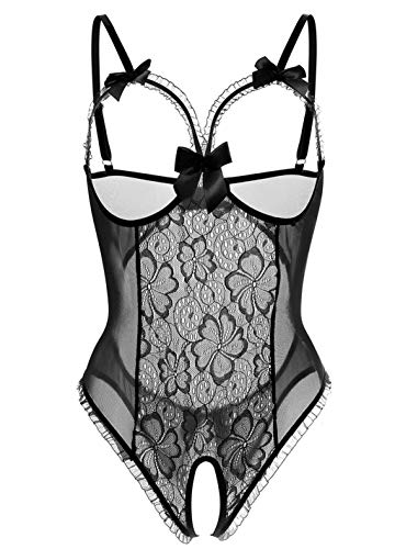 Dessous für Frauen Sexy Einteiler Teddy Dessous Bodysuit Spitze Nachthemd, A-Schwarz, Medium von ALLureLove