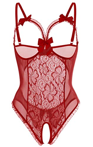 Dessous für Frauen Sexy Einteiler Teddy Dessous Bodysuit Spitze Nachthemd, Weinrot, Medium von ALLureLove