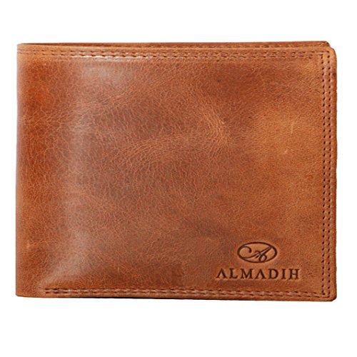 ALMADIH Leder Portemonnaie querformat RFID Schutz 11 Kartenfächer Münzfach Rindsleder Geschenkbox (P1Q-BD) Herren Börse Geldbörse Geldbeutel Portmonee Brieftasche Herrenbörse braun tan (P1Q Deluxe) von ALMADIH