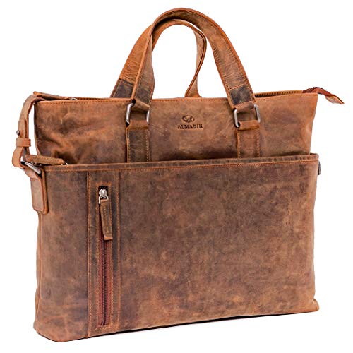 ALMADIH Businesstasche Herren Leder 15,6 Zoll Laptoptasche LEO - Echt Leder Aktentasche Braun tolle Aufteilung Umhängetasche Unitasche Arbeitstasche Schultertasche mit Kofferschlaufe (LEO vintage) von ALMADIH