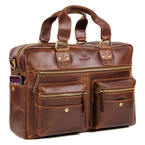 ALMADIH Damen Businesstasche 15 Zoll Aktentasche aus Echtleder mit Laptopfach - Leder Damen Business Tasche viele Fächer Umhängetasche Schultertasche Laptoptasche Dokumententasche braun (M45) von ALMADIH