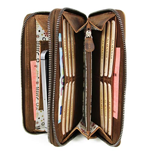 ALMADIH Große Leder Damen Portemonnaie mit Handyfach und Handgelenkschlaufe - Doppelter Reißverschluss, 12 Kartenfächer, RFID Schutz, Münzfach - Geldbeutel Geldbörse Brieftasche braun (Giana Vintage) von ALMADIH
