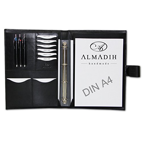 ALMADIH Leder A4 Konferenzmappe mit herausnehmbarem Ringbuch Schreibblock aus Premium Rindsleder Schwarz Ledermappe Mappe Aktenmappe Dokumentenmappe Schreibmappe Organizer Terminplaner (A4 Konf SCH) von ALMADIH