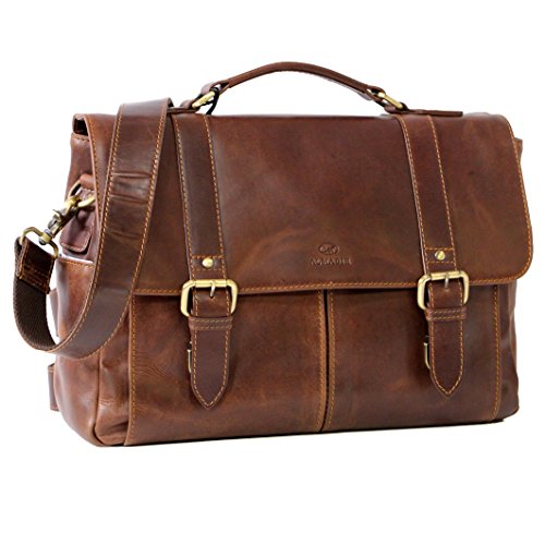 ALMADIH Leder Aktentasche CLAYTON BD Rindsleder gepolsterte Laptoptasche viele Fächer Ledertasche Umhängetasche Schultertasche Businesstasche Herren Tasche mit Kofferschlaufe braun (Clayton Deluxe) von ALMADIH
