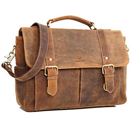 ALMADIH Leder Aktentasche Clayton BV Rindsleder gepolsterte Laptoptasche viele Fächer Ledertasche Umhängetasche Schultertasche Businesstasche Herren Tasche mit Kofferschlaufe braun (Clayton Vintage) von ALMADIH