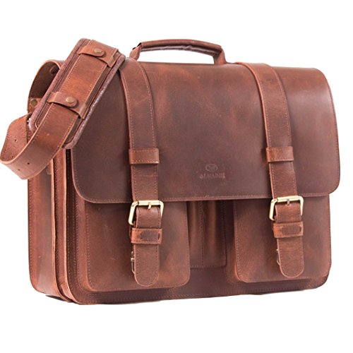 ALMADIH Leder Aktentasche Herren 15,6 Zoll Laptoptasche handgefertigt aus Premium Leder braun Vintage - Businesstasche Notebook Lehrertasche Unitasche Schultertasche Umhängetasche Kofferschlaufe ROY von ALMADIH