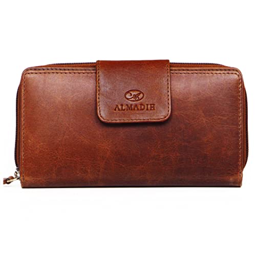 ALMADIH Leder Damen Portemonnaie Elyse Premium Rindsleder mit RFID Schutz 24 Kartenfächer Metall-Reißverschluss BD - Langbörse Geld Börse Brieftasche Clutch für Impfausweis P25 braun (Elyse Deluxe) von ALMADIH