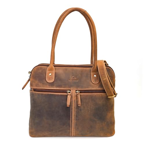 ALMADIH Geräumige Ledertasche Damen mit 3 Hauptfächer Businesstasche BELLA braun vintage - Damentasche elegante Schultertasche Handtasche Umhängetasche Henkeltasche Freizeittasche (BELLA bv) von ALMADIH