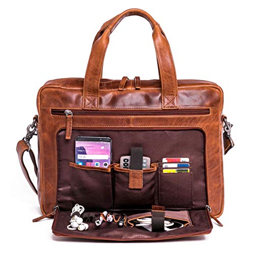 ALMADIH Leder Laptoptasche Aktentasche BRUNO deluxe - Premium Business Tasche Umhängetasche Unitasche Herren Messenger Arbeitstasche Schultertasche Dokumenten Kofferschlaufe braun (BRUNO antik) von ALMADIH