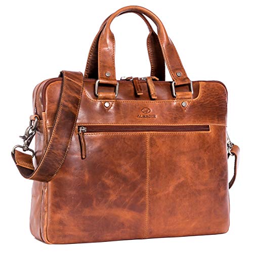 ALMADIH Leder Businesstasche Aktentasche 15 Zoll Laptoptasche mit 2 Hauptfächer Damen & Herren Umhängetasche Unitasche DIN A4 Dokumente Arbeitstasche Schultertasche Kofferschlaufe braun (LUCA deluxe) von ALMADIH