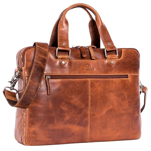 ALMADIH Leder Businesstasche Aktentasche 15 Zoll Laptoptasche mit 2 Hauptfächer Damen & Herren Umhängetasche Unitasche DIN A4 Dokumente Arbeitstasche Schultertasche Kofferschlaufe braun (LUCA deluxe) von ALMADIH
